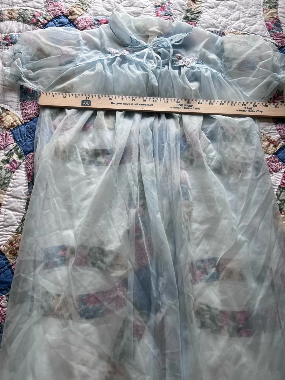 Vintage Sheer Blue Nylon Butterfly Embroidered Peignoir Robe Duster Medium - Picture 8 of 8